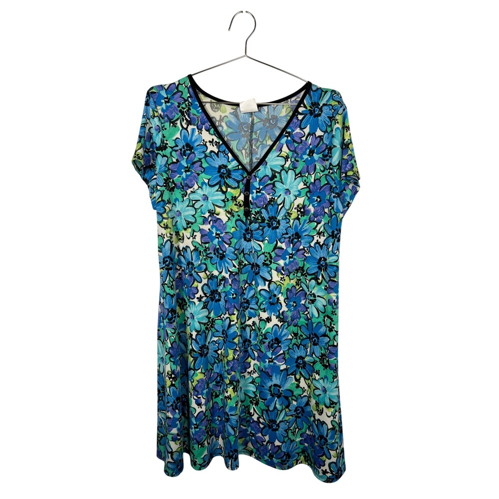 Vintage Floral Shift Casual Blue Green Dress V-Neck Short‎ Sleeve XL